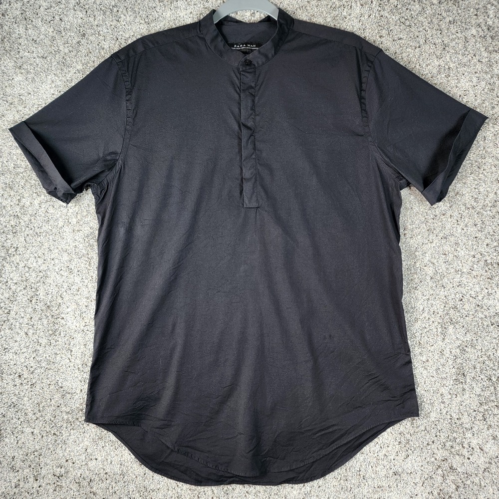 Zara Man Shirt Mens XL Slim Fit Mandarin Collar Short Sleeve Black Excellent